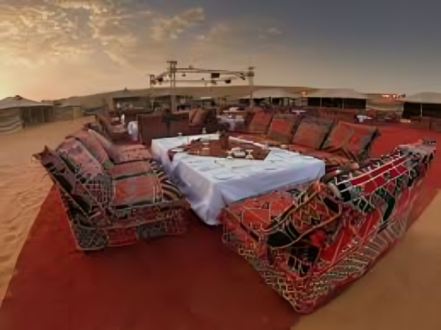 VIP guest sipping Arabic coffee at a high-end desert camp