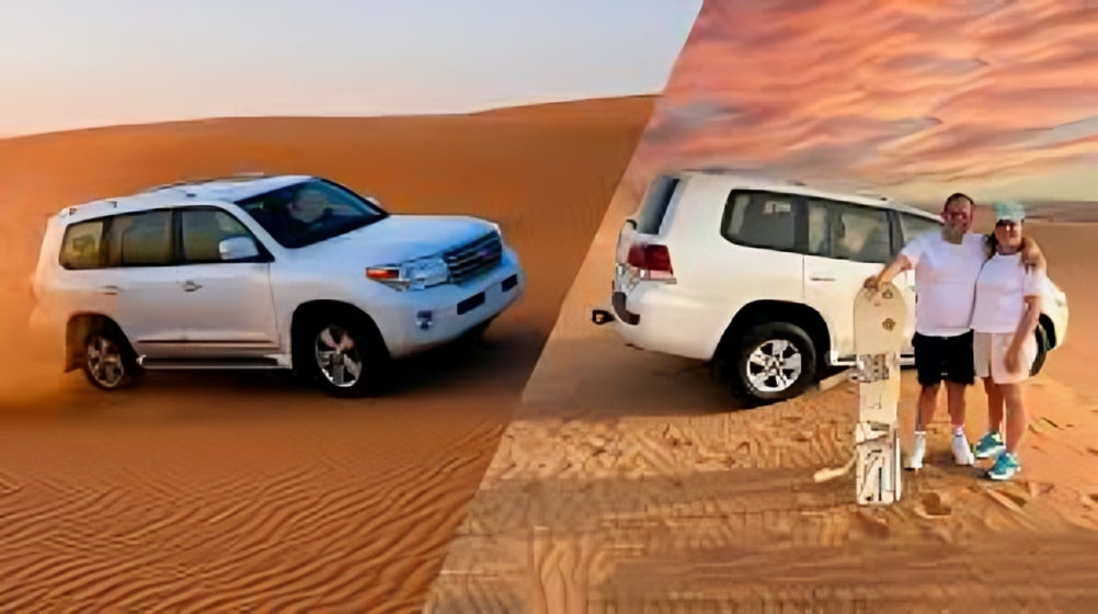 Family enjoying self drive desert safari in Dubai with SUV