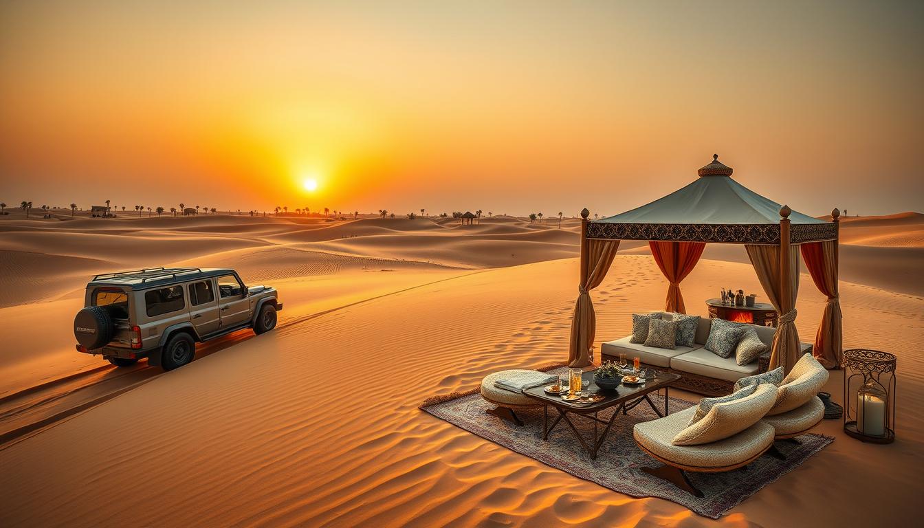 Desert camp with 4x4 car in Dubai